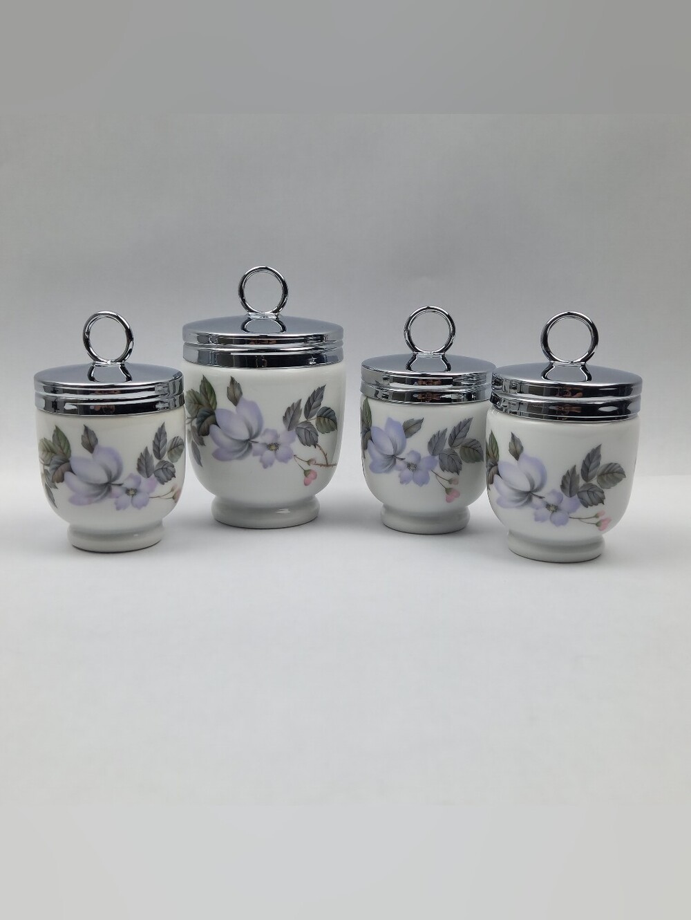 Egg Coddlers Royal Worcester Set Of 4 June Garland Pattern Lavender Yellow Pink
